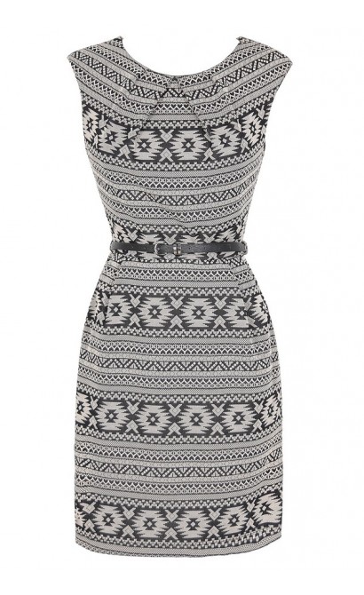 Aztec Print Belted Sheath Dress